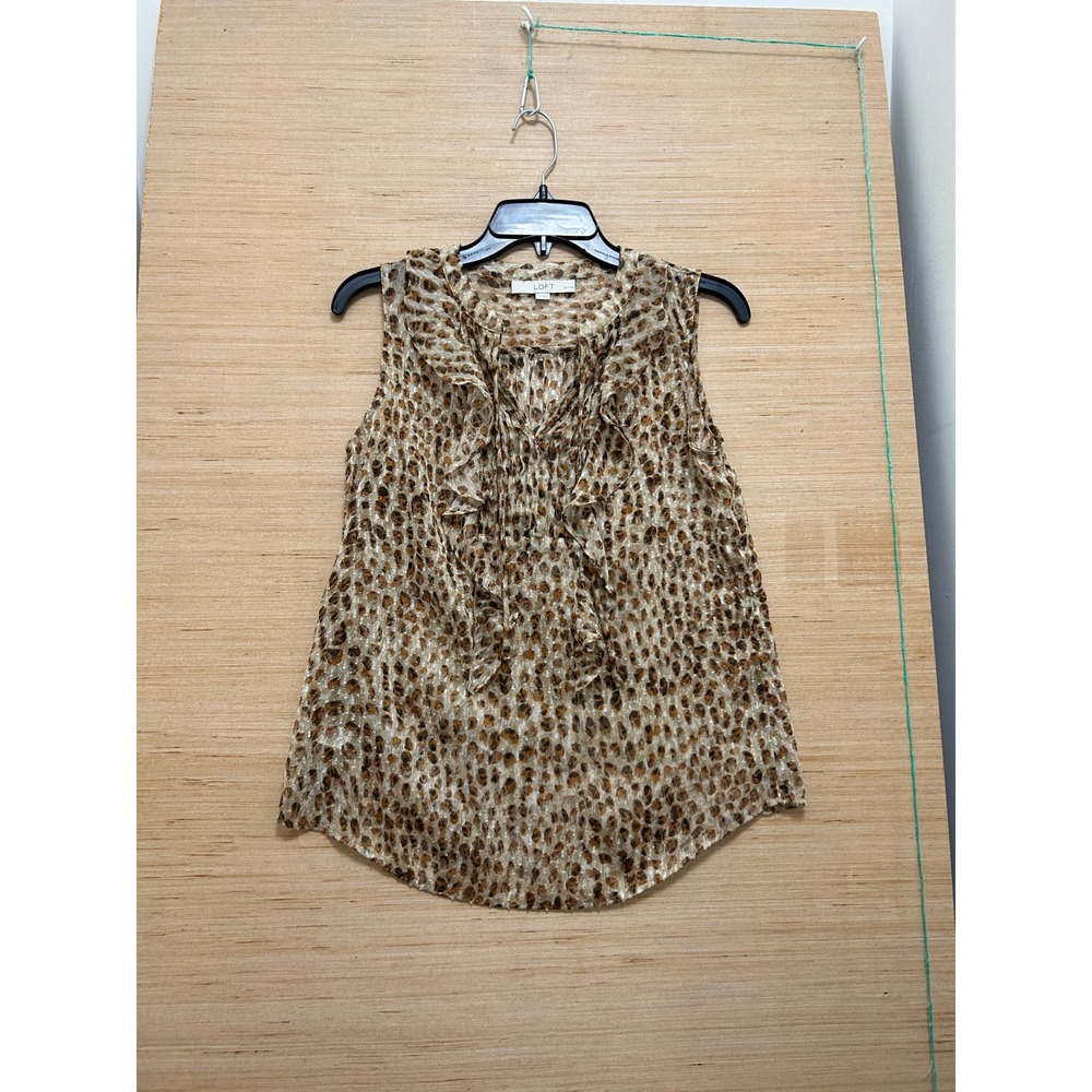 LOFT Petites Leopard Print Metallic Ruffle Sleeveless Blouse Tan Brown SP